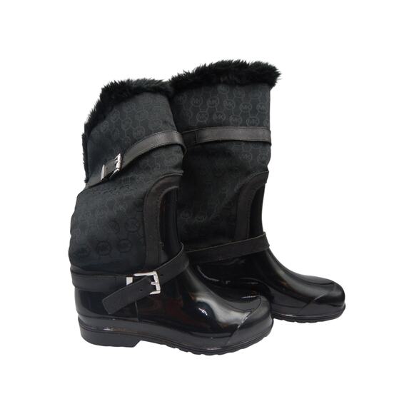Michael Kors Fulton Fur Trim Monogram Jacquard Rubber Knee High Rainboot Black 7 - Picture 5 of 12
